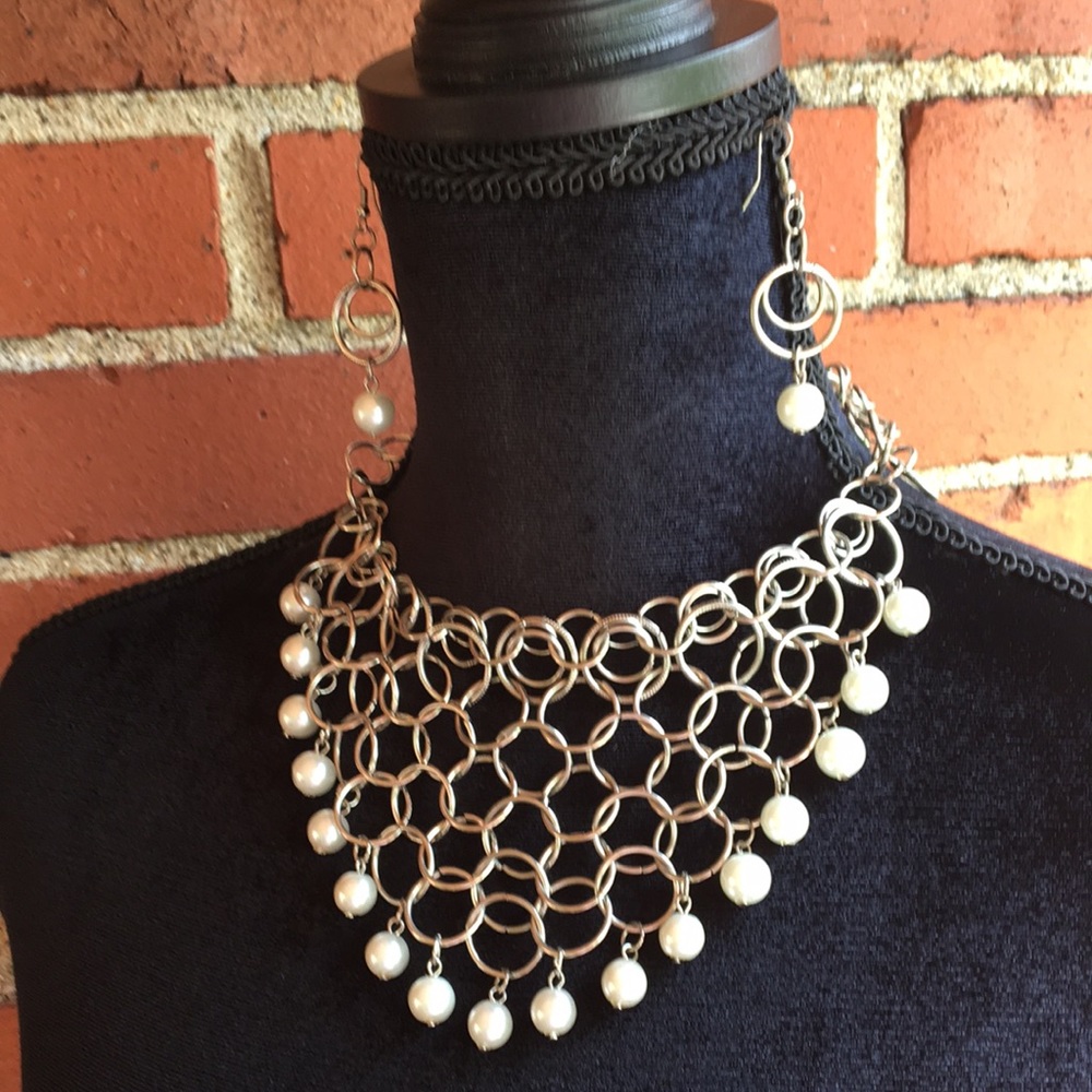Silver and Faux White Pearl Necklace & Earrings